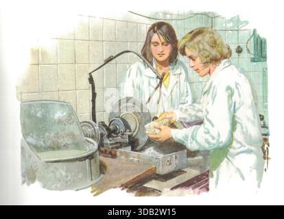 Fossil preparers in the laboratory. Fossil preparation is a complex of tasks that can include excavating, revealing, conserving, and replicating the ancient remains and traces of organisms. It is an integral part of the science of paleontology, of museum exhibition, and the preservation of fossils held in the public trust. It involves a wide variety of techniques, from the mechanical to the chemical, depending upon the qualities of the specimen being prepared and the goals of the effort. Fossil preparation may be executed by scientists, students or collections personnel, but is often undertake Stock Photo