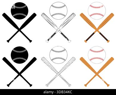Collection of different crossed baseball bats isolated on white background Stock Vector