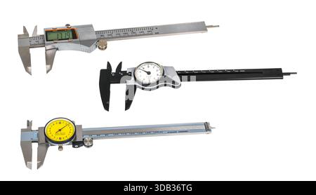 Closeup of three accurate measuring tools calipers isolated on white background - electronic with digital display and analog with scale on round dials. Stock Photo