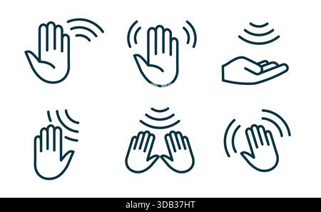 Hand wave sensor motion gesture line icon. Palm wave sensor touch control button automatic signal Stock Vector
