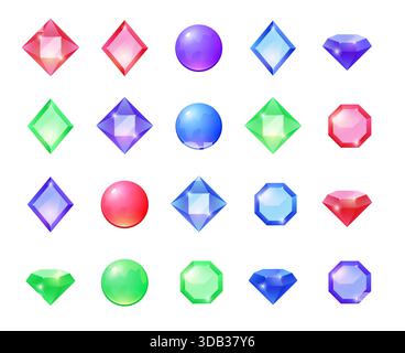 Gem stone diamond jewel icon. Vector gemstone game crystal sapphire magic emerald gem stone icon set Stock Vector