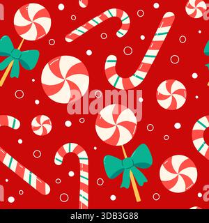 Christmas pattern seamless vector illustration. Cute lollipops and candy canes. Colorful festive Xmas background with simple sweet holiday elements an Stock Vector