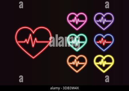 Neon heart with heartbeat pulse icon set glowing ECG love symbols on dark background. Stock Vector