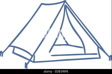 A simple blue line illustration of an A frame camping tent with entrance flap. Stock Vector