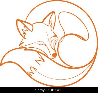 A graceful orange line drawing of a fox curled into a circle with its tail wrapped around. Stock Vector