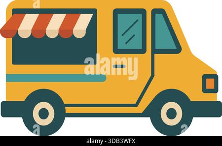 A bright yellow street food truck with service window and awning shown in profile. Stock Vector