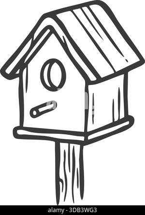 A sketched birdhouse with pitched roof and circular entrance mounted on a wooden post. Stock Vector
