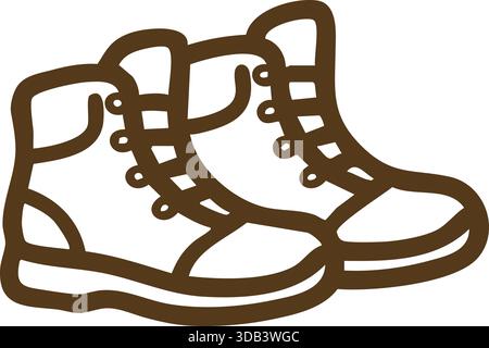 A sturdy pair of lace up hiking boots illustrated in brown lines with chunky soles. Stock Vector