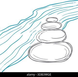 A tranquil scene of smooth balancing stones beside flowing water rendered with soft blue lines. Stock Vector