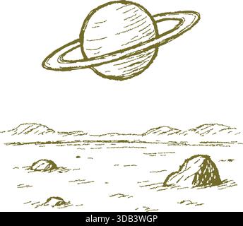 A vintage line scene showing a ringed planet in the sky above a barren rocky terrain. Stock Vector