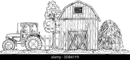 Agricultural landscape. Black and white hand-drawn vector graphics. A barn, a tractor, and a haystack. The concept of the agricultural industry. For Stock Vector