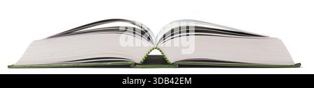 open hardcover book isolated white background side view, textured green cover with fanned white pages revealing spine binding and text blocks, mock-up Stock Photo
