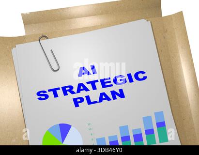 3D illustration of "AI STRATEGIC PLAN" title on business document. Business concept. Stock Photo