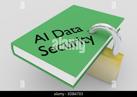 3D illustration of "AI Data Security" script on a green book, isolated on gray. The book is symbolically locked by a padlock. Stock Photo