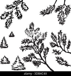 Set of vector fir branches with fir trees. For designing tourist tableware, T-shirts, and printed products. Stock Vector