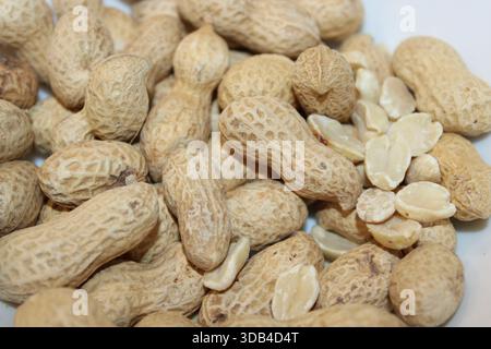Peanuts are shown in different stages, with some in shells and some raw. This collection is for use in snacks or cooking. The setting is simple, focus Stock Photo