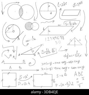 School math figures and circles, black and white sketch. Vector illustration. Trigonometric and algebraic equations, formulas and arrows isolated on a Stock Vector