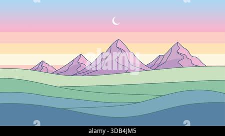 A flat vector mountain landscape with layered hills, pastel sunset gradient sky, clean contours, and simple shapes Stock Vector