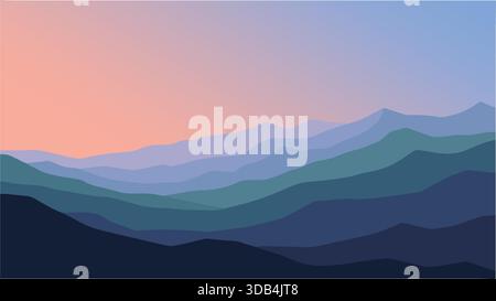 A flat vector mountain landscape with layered hills, pastel sunset gradient sky, clean contours, and simple shapes Stock Vector