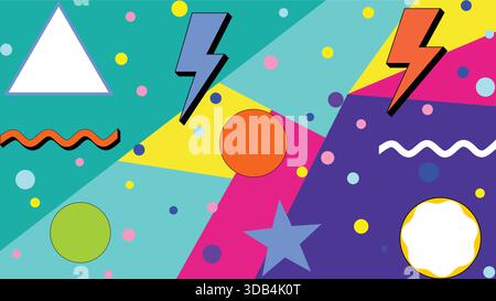 Bold retro Memphis-style pattern with colorful geometric icons, playful shapes, dots, and energetic contrasting tones Stock Vector