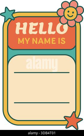 A colorful rectangular badge with hello my name is header and space to write a name decorated with cute doodles. Stock Vector