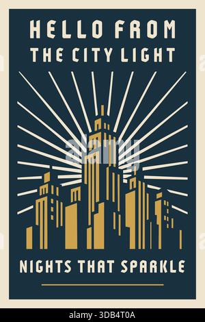 A night city poster showing gold skyscrapers and radiating lines with a friendly hello message. Stock Vector