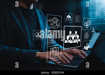 AI recruitment and candidate screening concept. Icons showing resume analysis, talent selection, automation, smart hiring process, Stock Photo