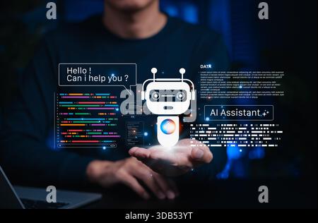 AI coding assistant for software development concept. machine learning code, Programmer holding virtual assistant code and AI robot Stock Photo