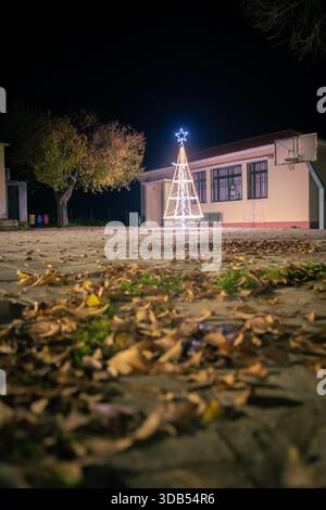 Artistic low angle night shot of minimalist Christmas tree lights with blurred autumn leaves in foreground, Agioi Douloi square, Corfu, Greece. Stock Photo