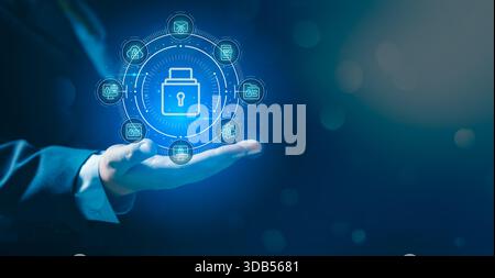 Business professional presenting glowing holographic lock and data icons, symbolizing cybersecurity, data protection, secure information management an Stock Photo