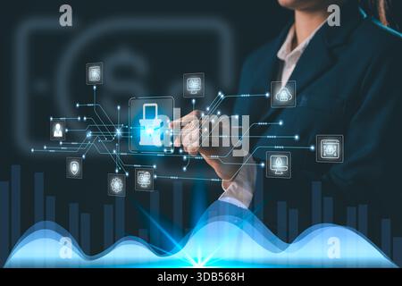 Business professional interacting glowing holographic lock connected through digital data flow icons representing cybersecurity secure networks data p Stock Photo