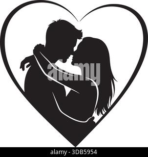 Minimalist Black Couple Silhouette Embracing in Clean Heart Frame - Man and Woman Love Symbol Vector Isolated on White for Valentine's Day, Wedding, Stock Vector