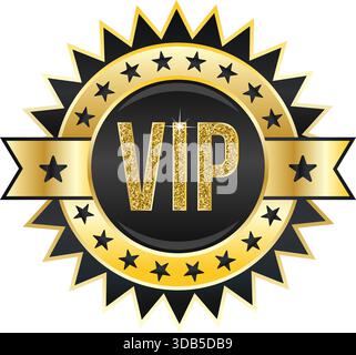 Glittering VIP Badge Shines in Gold – Exclusive Emblem for Premium Access and Elite Membership Stock Vector
