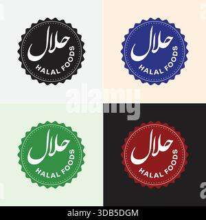 Collection of four circular halal food labels in different colors, featuring arabic script and english text, on light backgrounds Stock Vector
