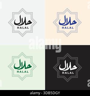 Four different color variations of a halal logo with arabic calligraphy and the word halal in english, set against neutral backgrounds Stock Vector