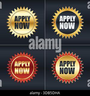 Collection of apply now badges in gold black and red colors on a dark background invitation design Stock Vector