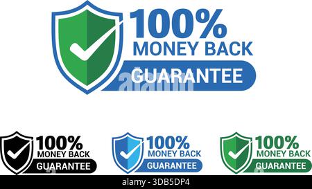 100% Money Back Guarantee Badges Premium Shield Icon Set for Refund Policies, Customer Trust, and Product Assurance, PNG and vector Stock Vector