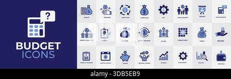 A collection of modern, blue and white budget and finance related icons displayed against a dark blue background, featuring concepts like calculation, Stock Vector