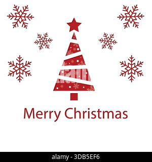 white Christmas themed background with red Christmas tree and red snowflakes and the words Merry Christmas all in cut-out paer style Stock Photo