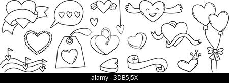 Outline Heart Valentine Doodle Set. Isolated Love Hand Drawn Elements. Comprehensive Collection for Romantic Design. Vector Illustration. Not AI Stock Vector