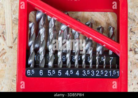 drill for metal in set on wooden background Stock Photo