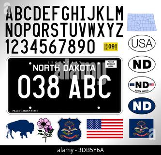 North Dakota blackout style car license plate pattern, numbers, letters and symbols, USA, United States, vector illustration Stock Vector