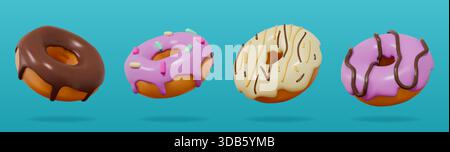 3d donut. Food doughnut icon, realistic flying glossy chocolate sprinkles or cream bakery dessert. Pink glaze and vanilla with icing and jam. Cute plastic bakery. Vector render isolated elements Stock Vector