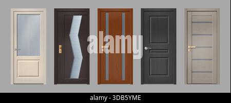 Wood door. Old wooden texture. Modern simple doorway with doorknob or glass. House entrance frame front view. 3D dark gate design. Office or home enter doorframe. Vector realistic interior objects set Stock Vector