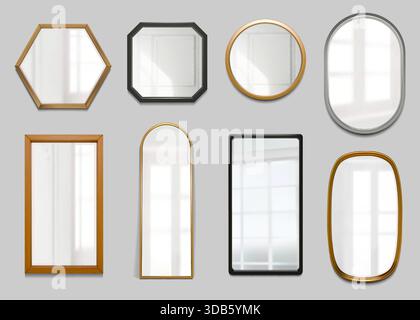 Mirror reflect. Bathroom wall silver frame, glass effect in oval and rectangular shape. Hanging in bedroom modern interior, 3d house light. Vector decor, isolated gold, wood and black framework set Stock Vector