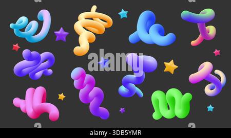 3D gradient shapes. Abstract color fluid stroke. Cool liquid blend brush or flow hologram splash. Holographic bright form. Gradient matte swirl figure. Curly minimal wave. Vector render spirals set Stock Vector