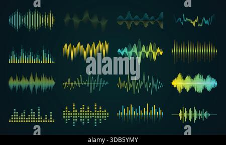 Sound wave. Music equalizer. Audio soundwave line or frequency radio bar. Volume beat abstract pattern. Rhythm waveform. Gradient sound dj impulse. Vibration chart. Vector stereo recorder logo set Stock Vector