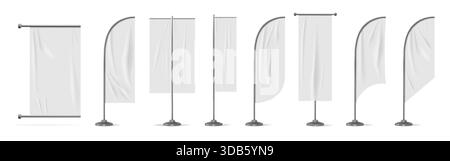 Wind banner. Vertical flag template, hanging beach blank teardrop or ad textile flagpole. White stand for expo and event different shapes. Vector mockup, promo marketing advertising isolated element Stock Vector