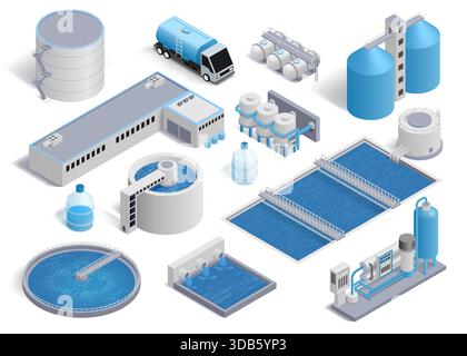 Water tank system. Plant treatment storage process. 3D clean pump. Sewage pipe. Purification reservoir tank. Architecture exterior. Filter station industry equipment. Vector factory constructions set Stock Vector