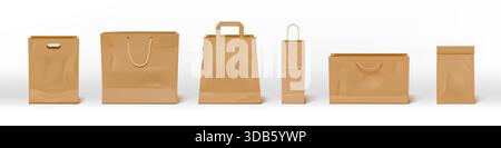Paper bag. Brown shop handle craft paperbag mockup for branding and merchandising, 3d food cardboard carry front view, retail reusable realistic rope package for shopping. Vector mock up isolated set Stock Vector